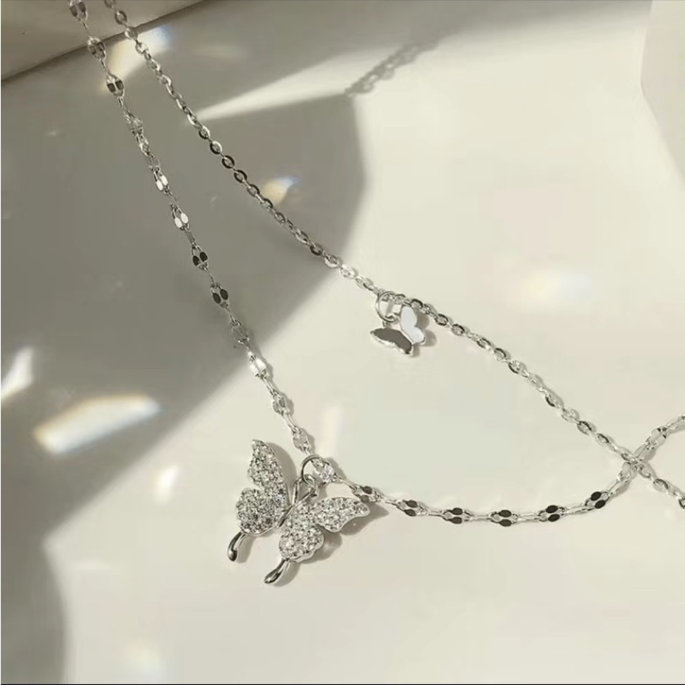 Silver plated Butterfly double Necklace Cubic zirconia crystal - Picture 2 of 3